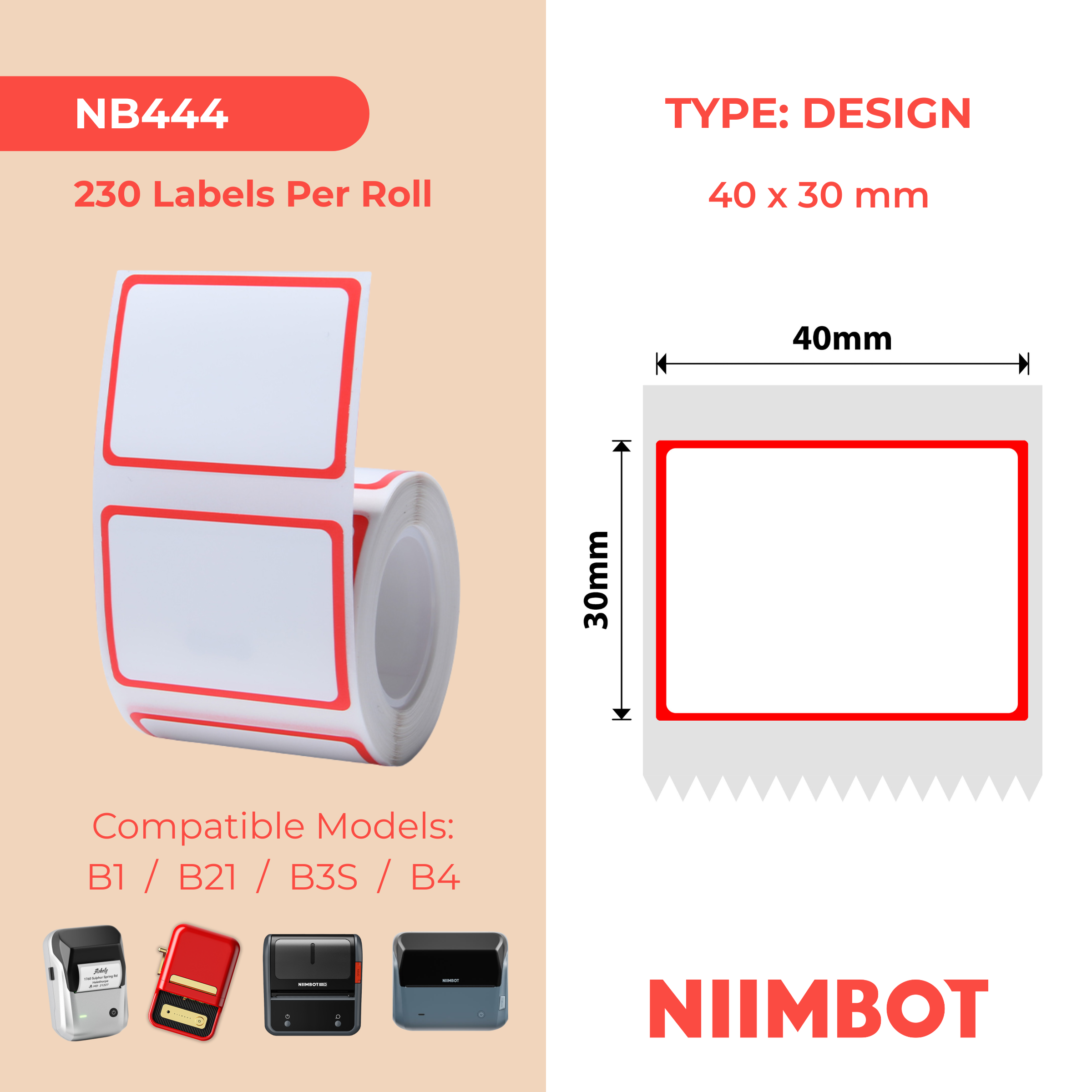 NB444 - NIIMBOT - B1 / B21 / B3S / B4 - 40X30MM - 230 RED FRAME LABELS