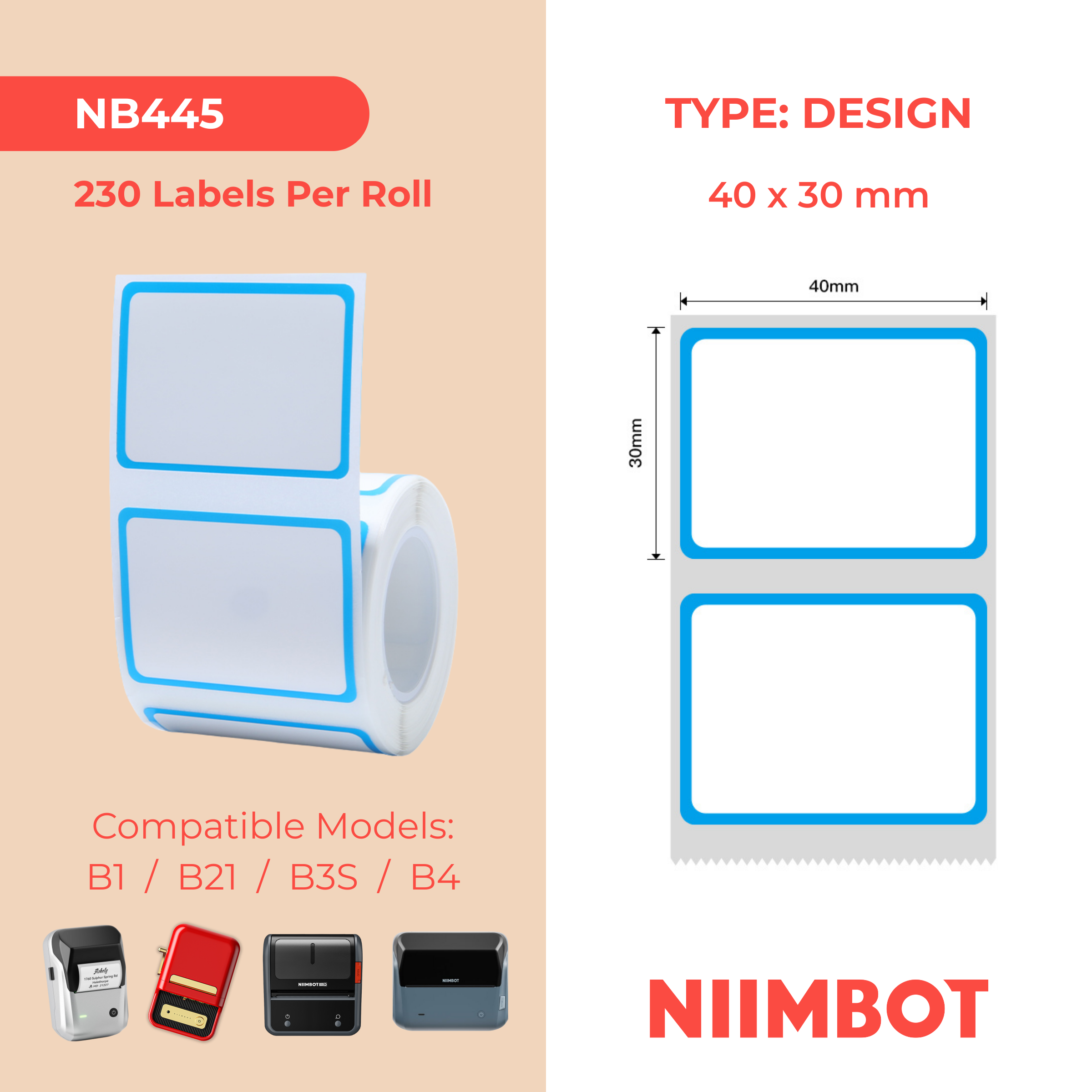 NB445 - NIIMBOT - B1 / B21 / B3S / B4 - 40X30MM - 230 BLUE FRAME LABELS