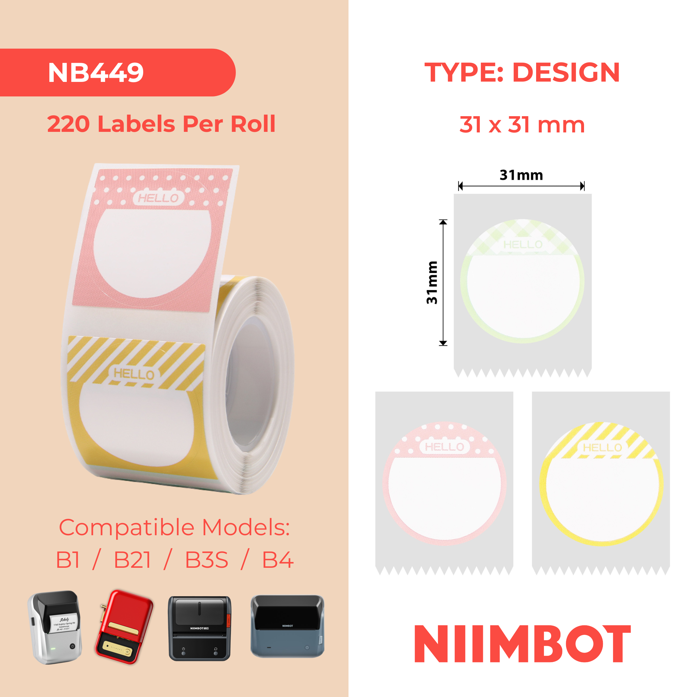 NB449 - NIIMBOT - B1 / B21 / B3S / B4 - T31X31MM - 220 ETICHETTE PER ROTOLO - HELLO DESIGN
