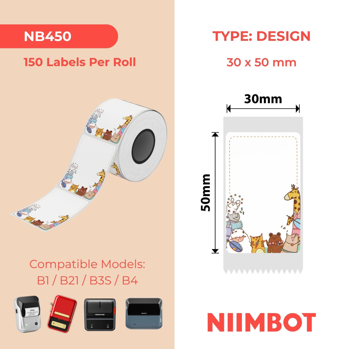 NIIMBOT - B Range - 30x50mm - Fun Animal - 150 Labels