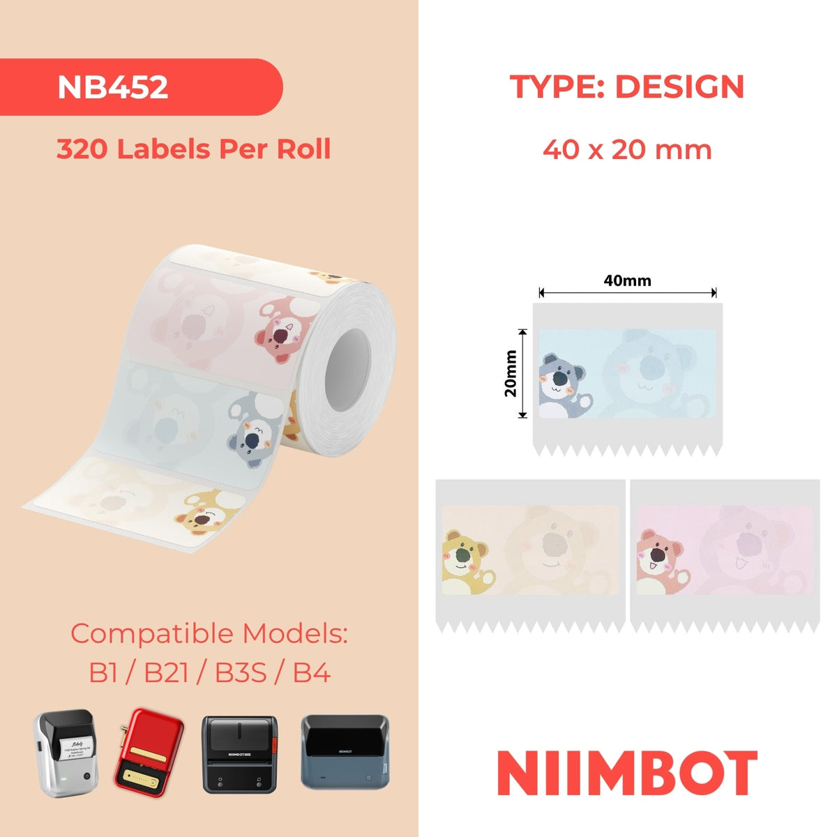 NIIMBOT - B Range - 40x20mm - Cute Bear - 320 Labels