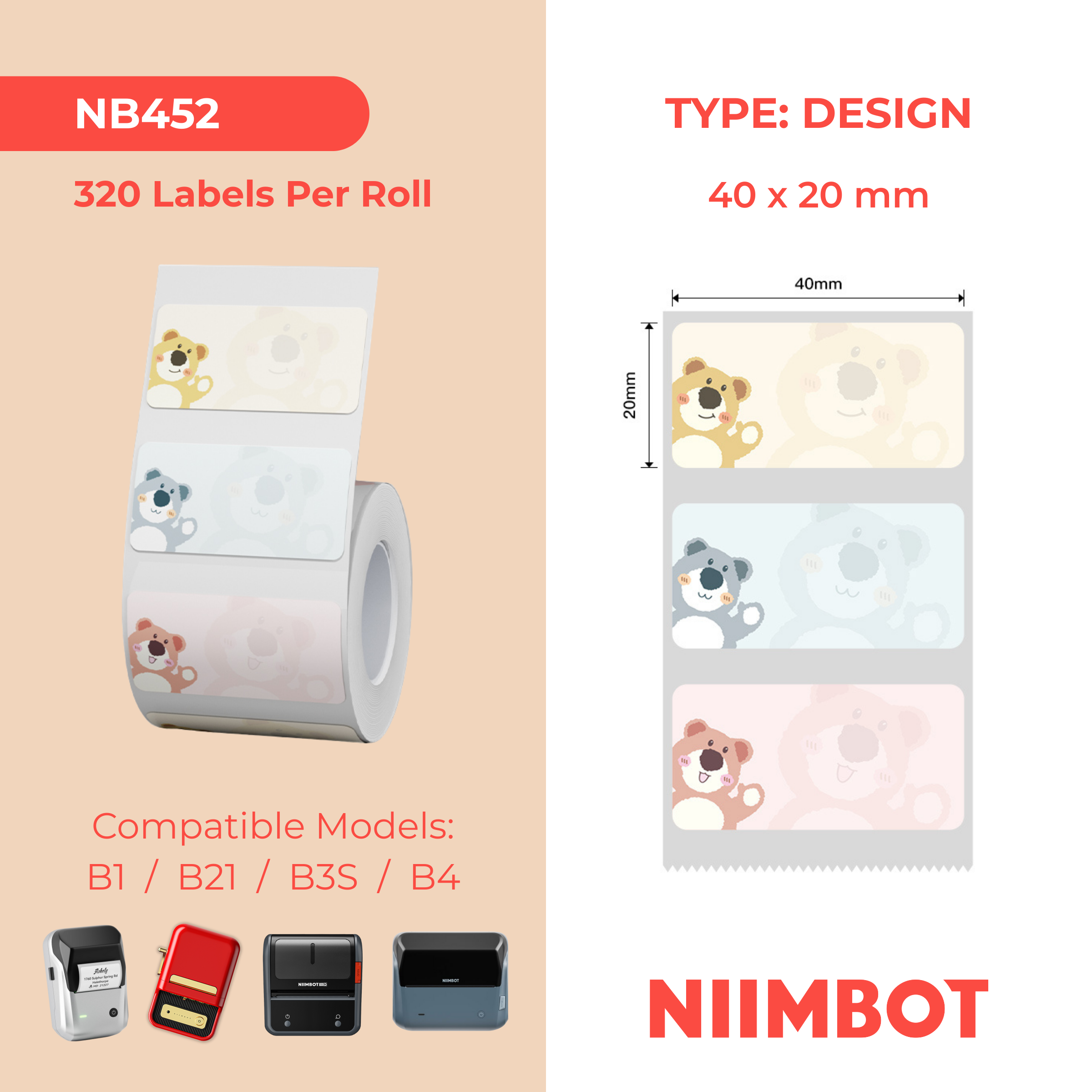 NB452 - NIIMBOT - B1 / B21 / B3S / B4 - 40X20MM - 320 CUTE BEAR LABELS