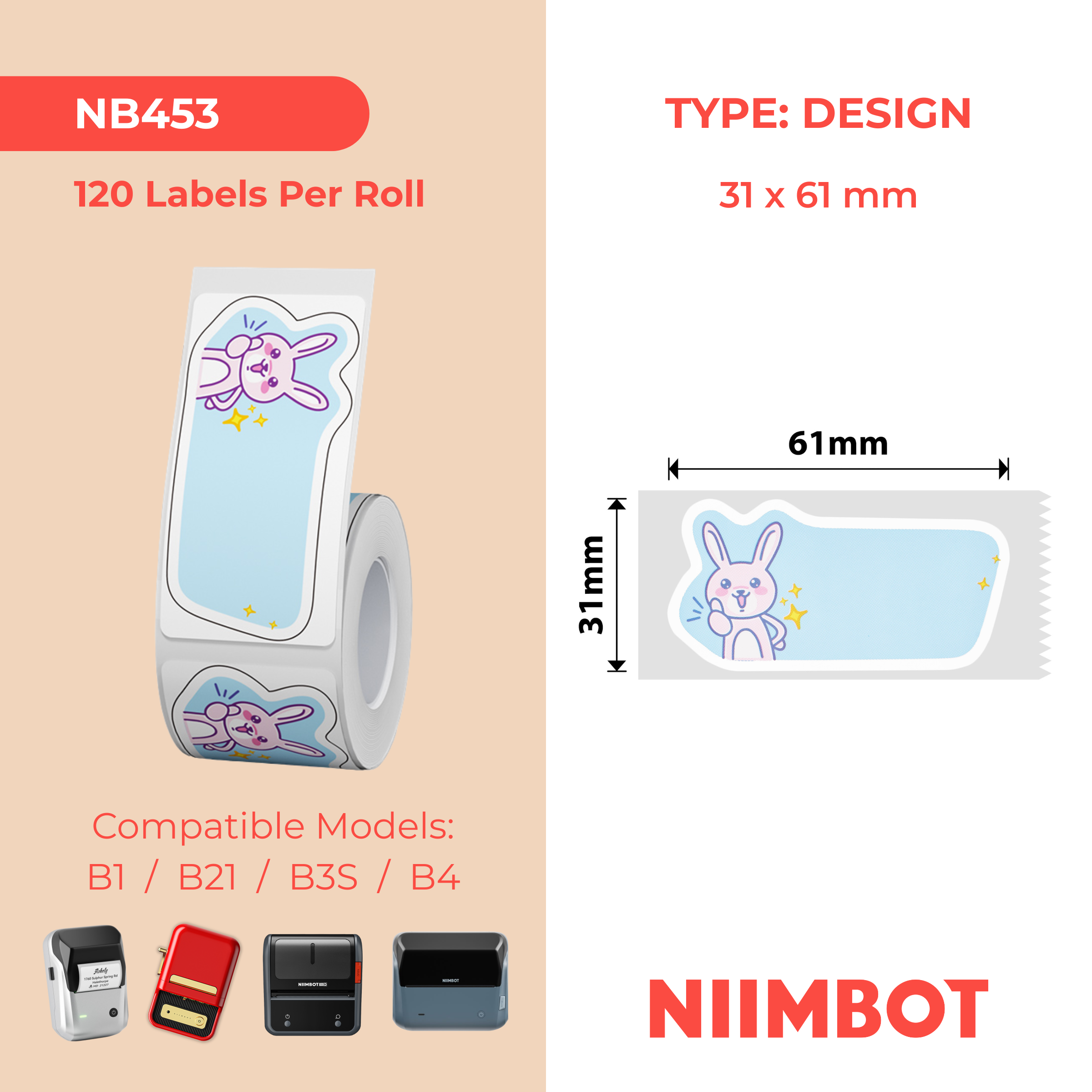 NB453 - NIIMBOT - B1 / B21 / B3S / B4 - Épaisseur 31 x 61 mm - 120 étiquettes par rouleau - Conception de qualité