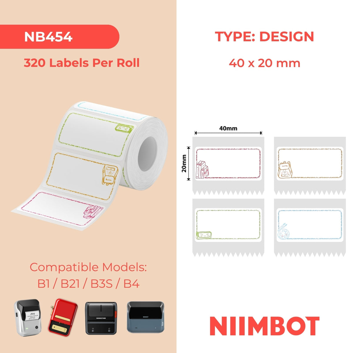 NIIMBOT - B Range - 40x20mm - Study Buddy Multi-Colour - 320 Labels