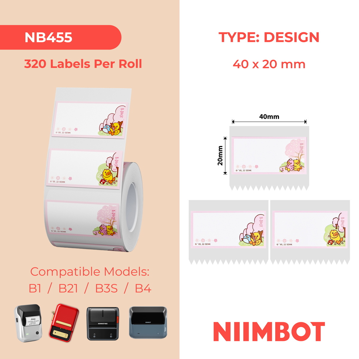 NIIMBOT - B Range - 40x20mm - Duck & Cherry Blossom - 320 Labels