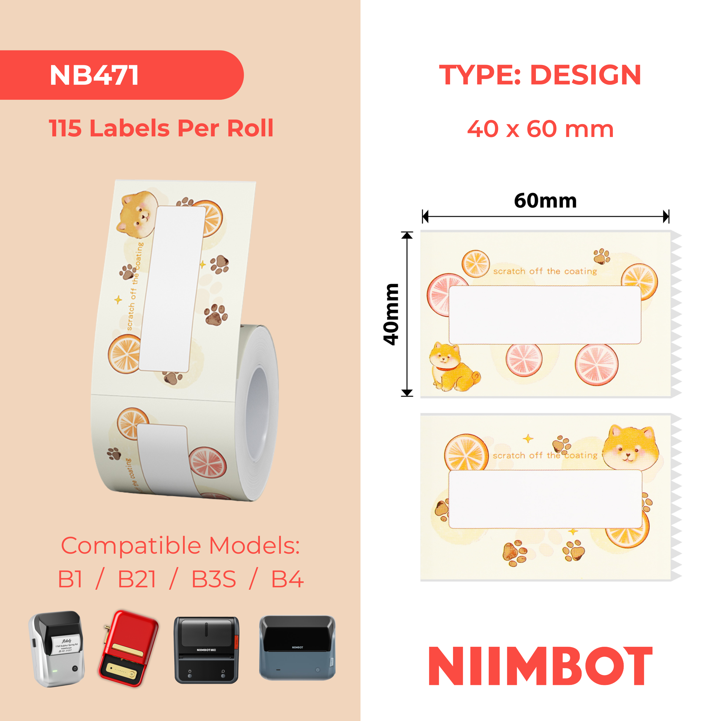 NB471 - NIIMBOT - B1 / B21 / B3S / B4 - TP40X60MM - 115 ETICHETTE PER ROTOLO - DESIGN GIALLO LIMONE
