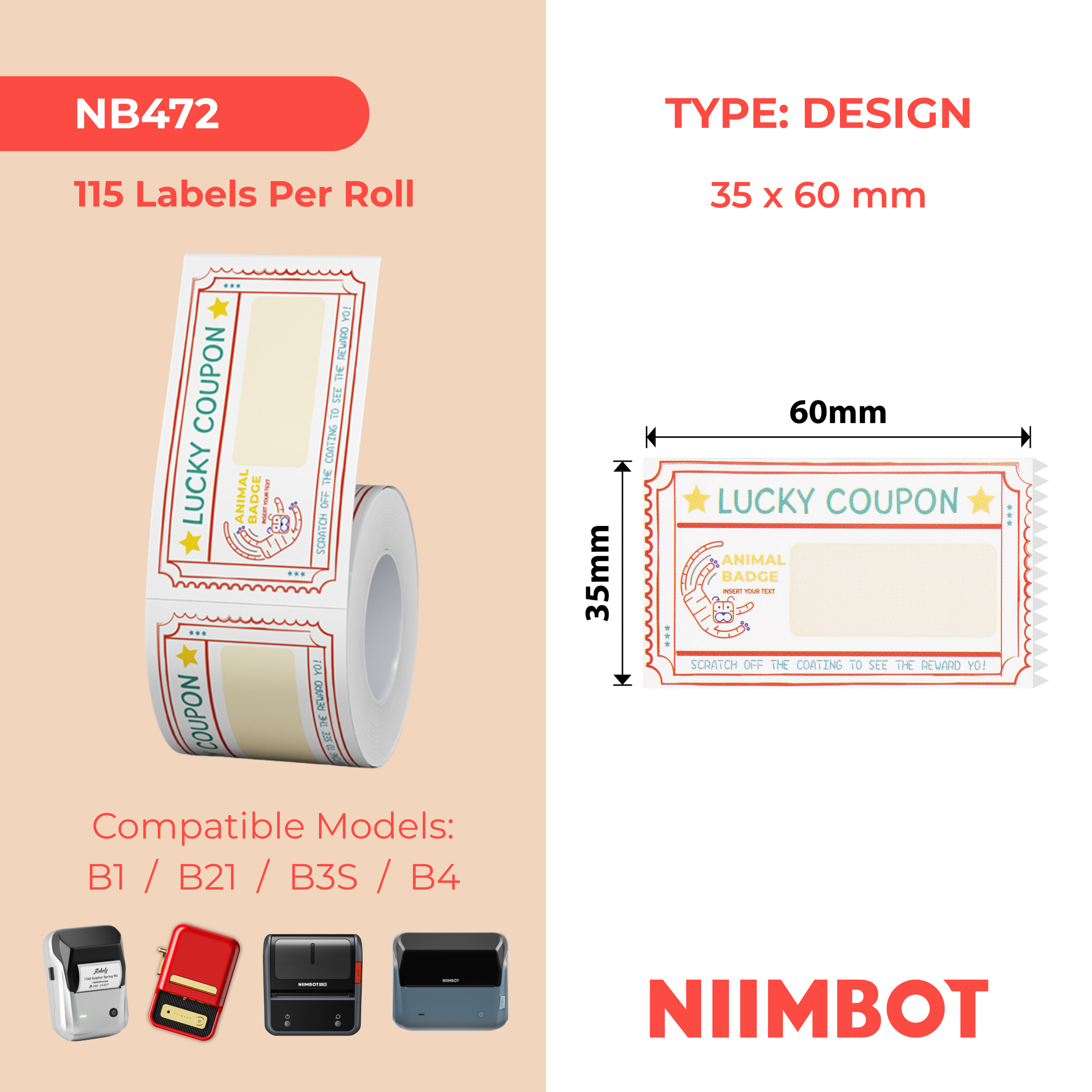 NB472 - NIIMBOT - B1 / B21 / B3S / B4 - TP35X60MM - 115 ETICHETTE PER ROTOLO - DESIGN LUCKY TIGER