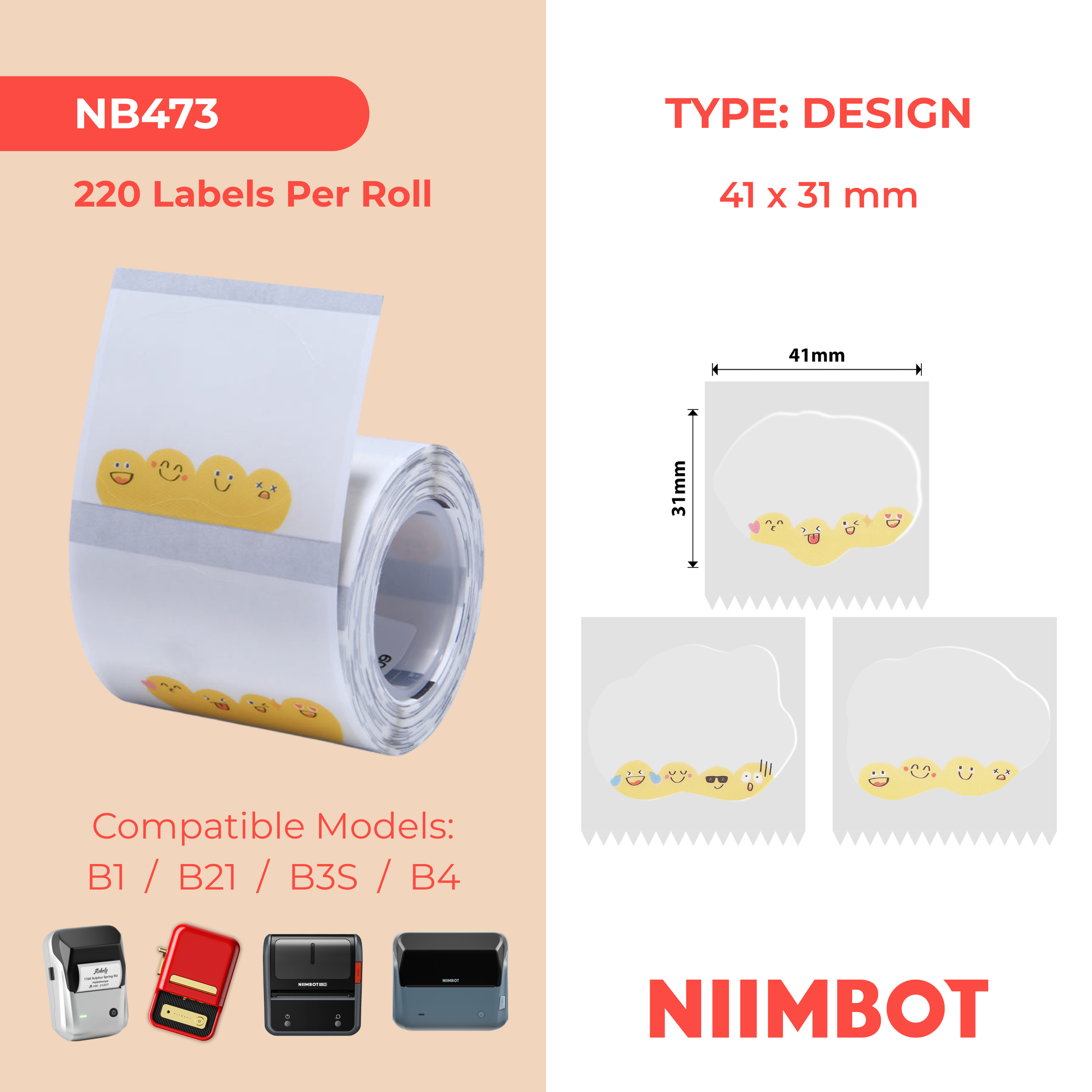 NB473 - NIIMBOT - B1 / B21 / B3S / B4 - TT41X31MM - 220 ETICHETTE PER ROTOLO - DESIGN EMOJI CARINO