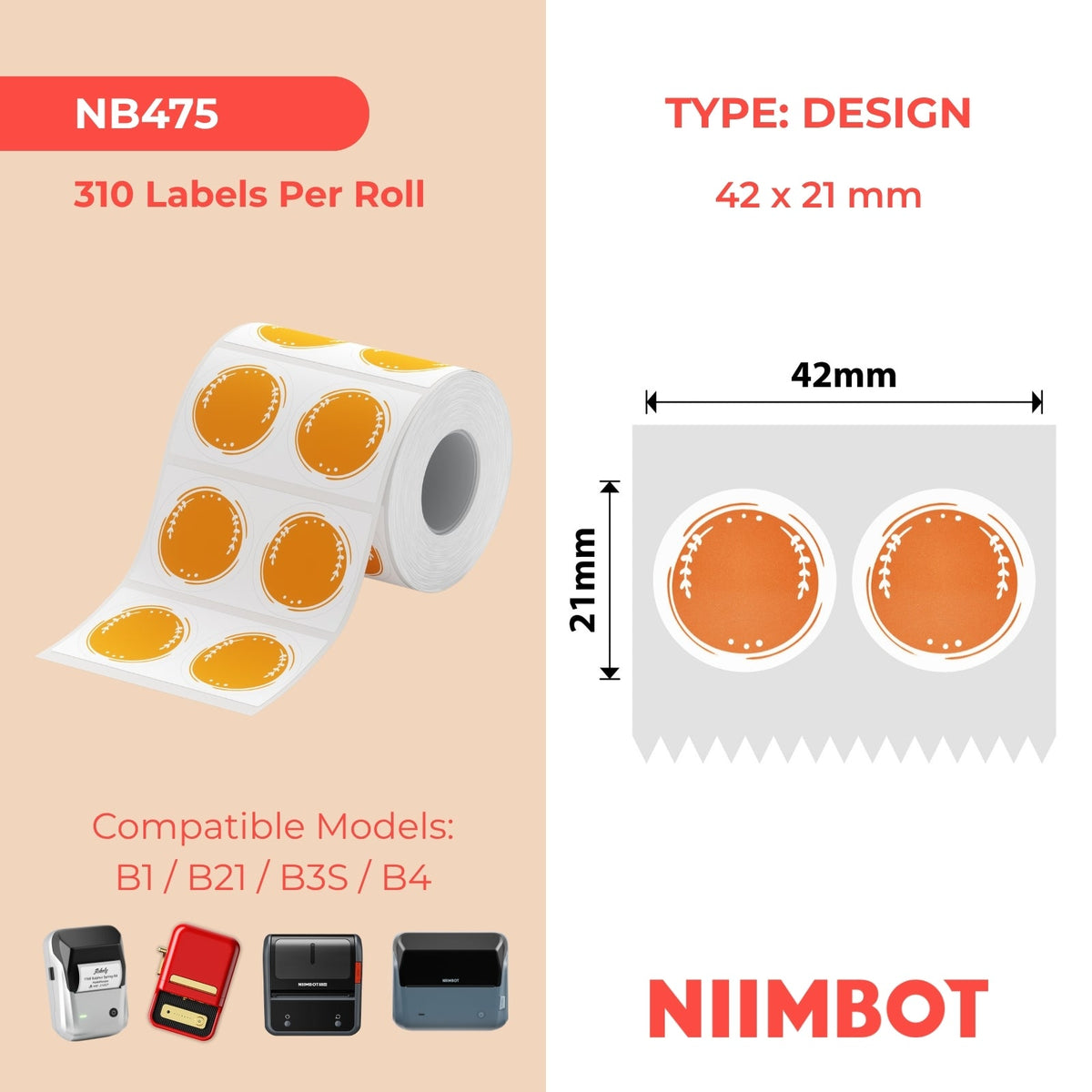 NIIMBOT - B Range - 42x21mm - Orange Round - 310 Labels