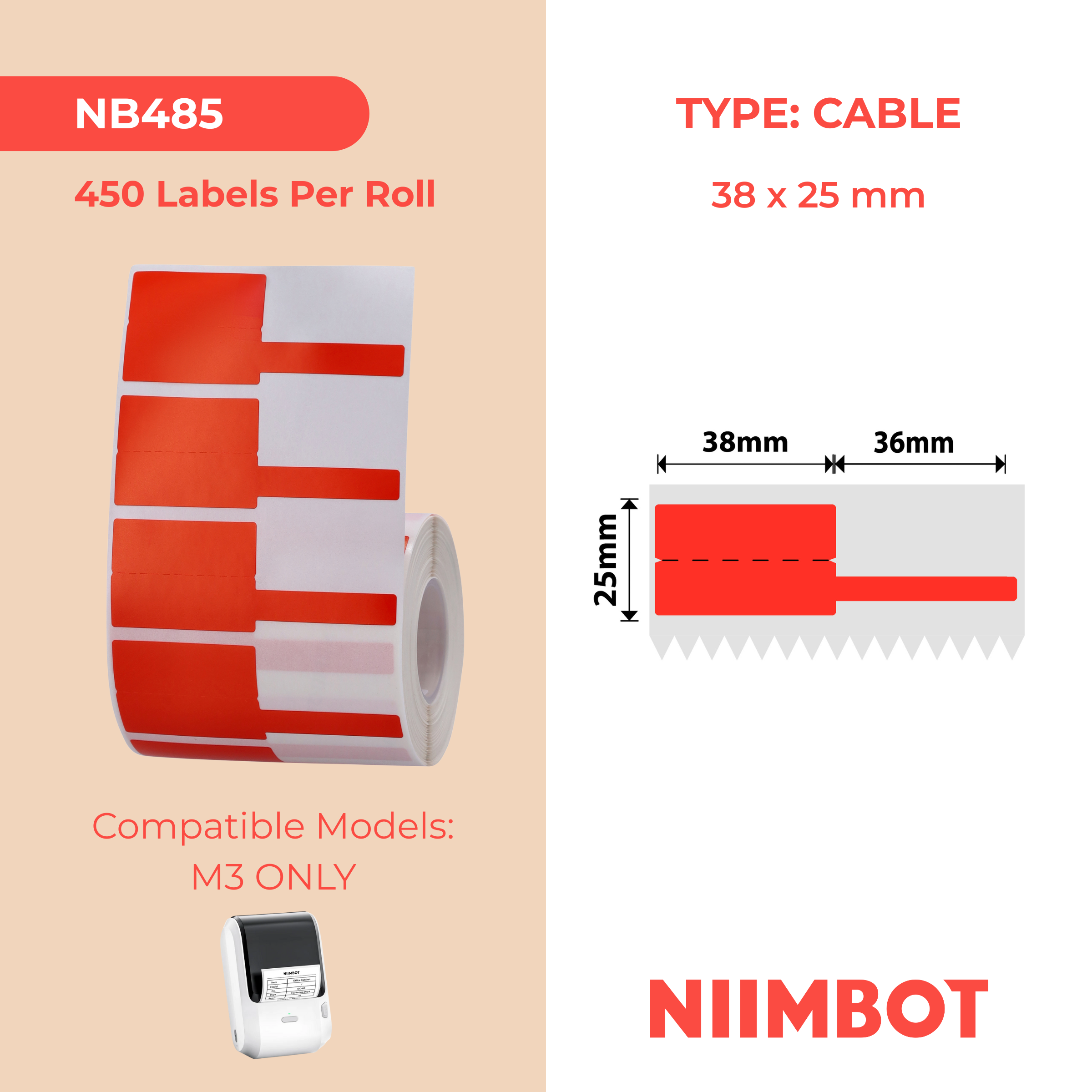 NB485 - NIIMBOT - M3 UNIQUEMENT - 450 ÉTIQUETTES DE TRANSFERT THERMIQUE - P38X25+36MM - CÂBLE - ROUGE 