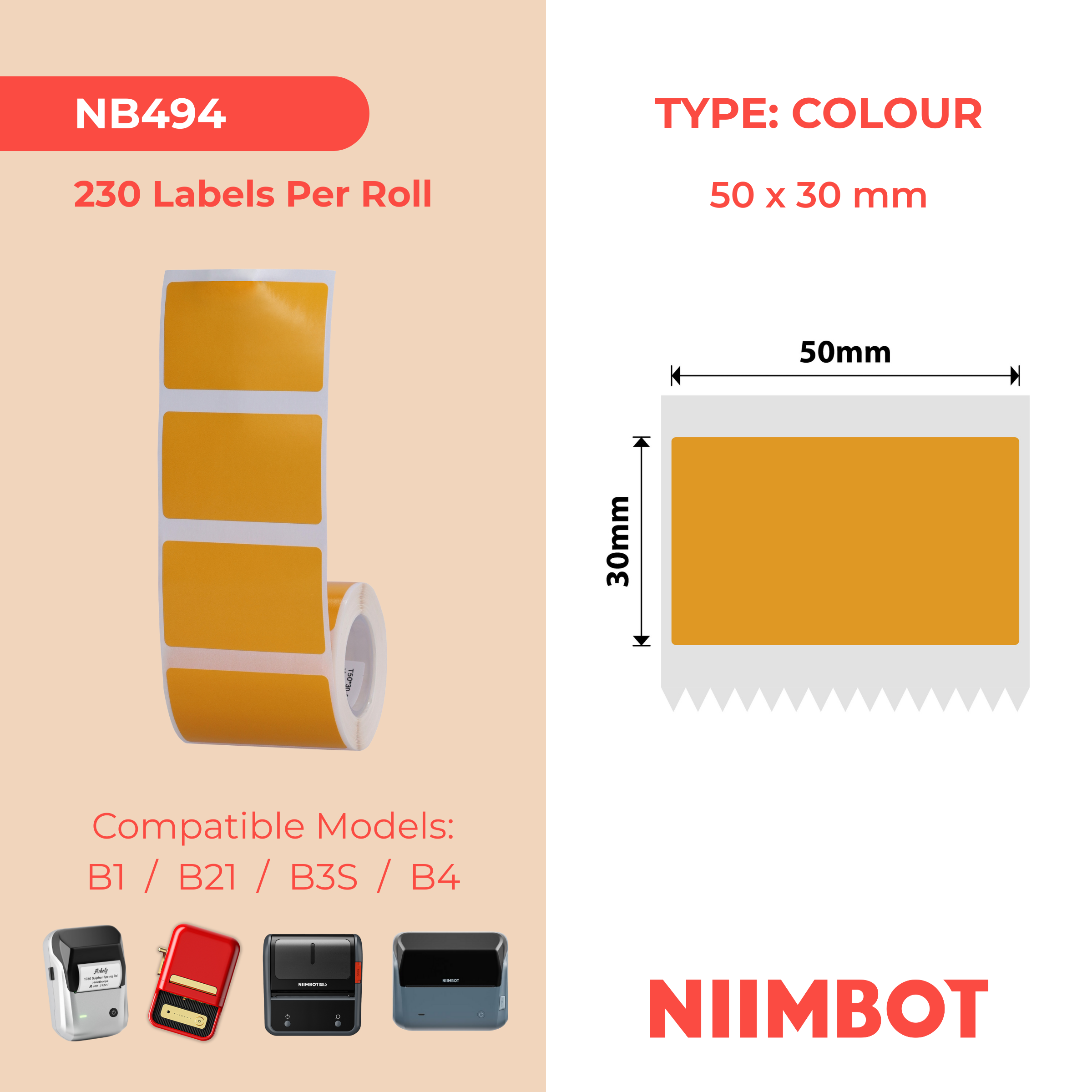 NB494 - NIIMBOT - B1 / B21 / B3S / B4 - T50X30MM - 230 ETICHETTE TERMICHE - ARANCIO CONGELATO