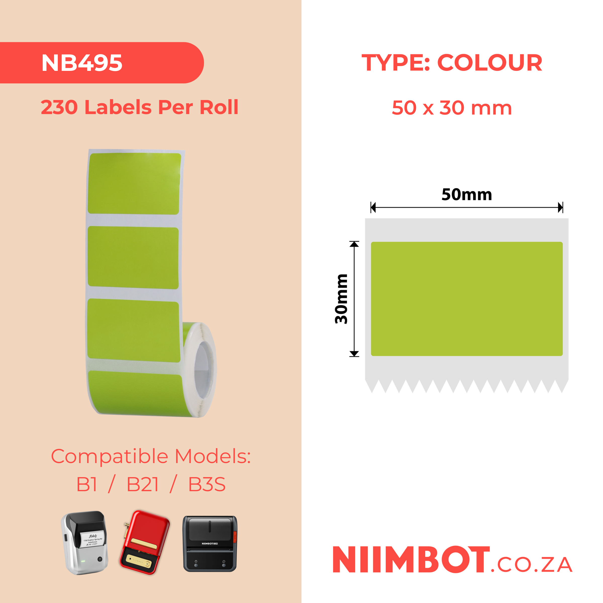 NB495 - NIIMBOT - B1 / B21 / B3S / B4 - T50X30MM - 230 ETICHETTE TERMICHE - VERDE FAGIOLO SURGELATO 