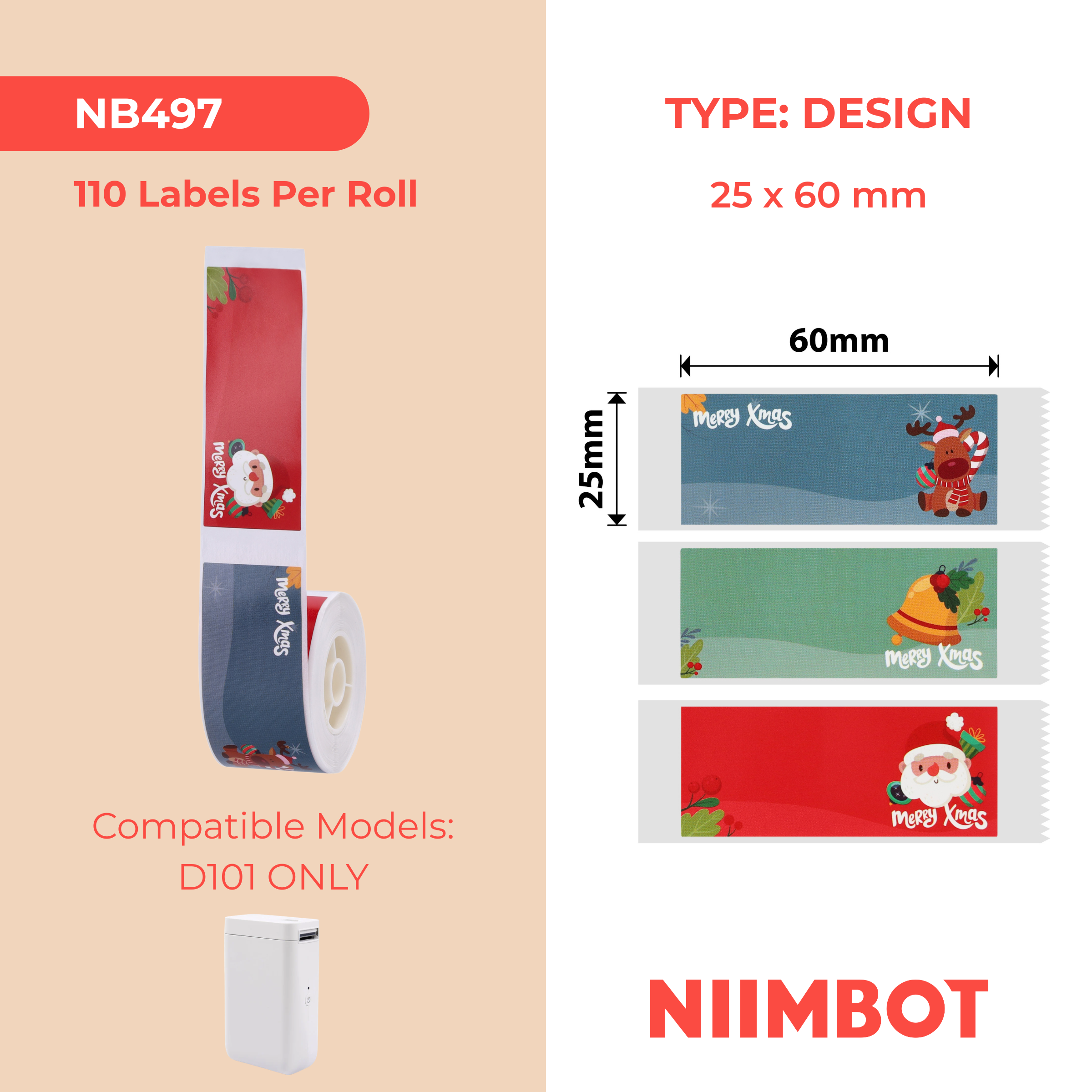 NB497 - NIIMBOT - D101 ONLY - 25X60MM - 110 CHRISTMAS LABELS