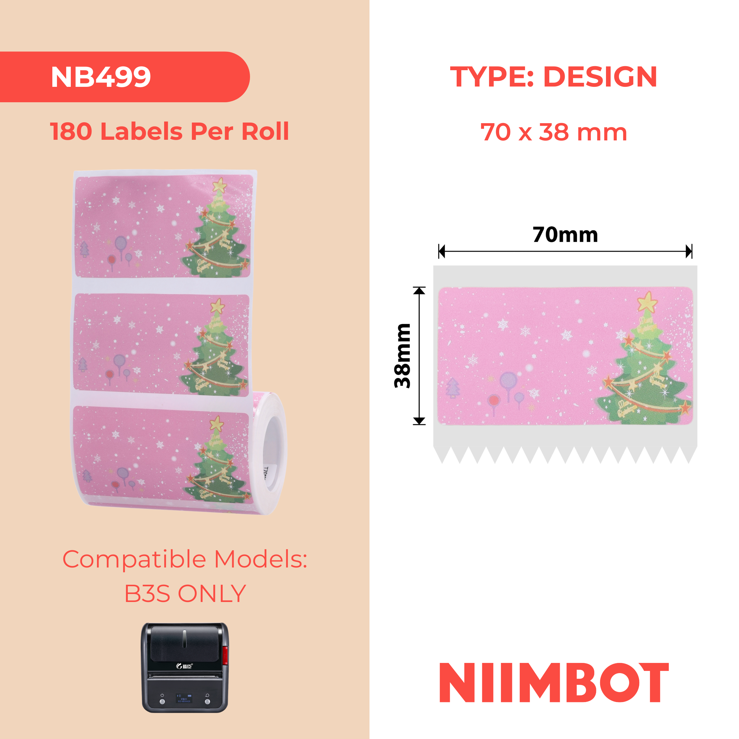 NB499 - NIIMBOT - SOLO B3S - 70X38MM - 180 ETICHETTE PER ROTOLO - ALBERO DI NATALE