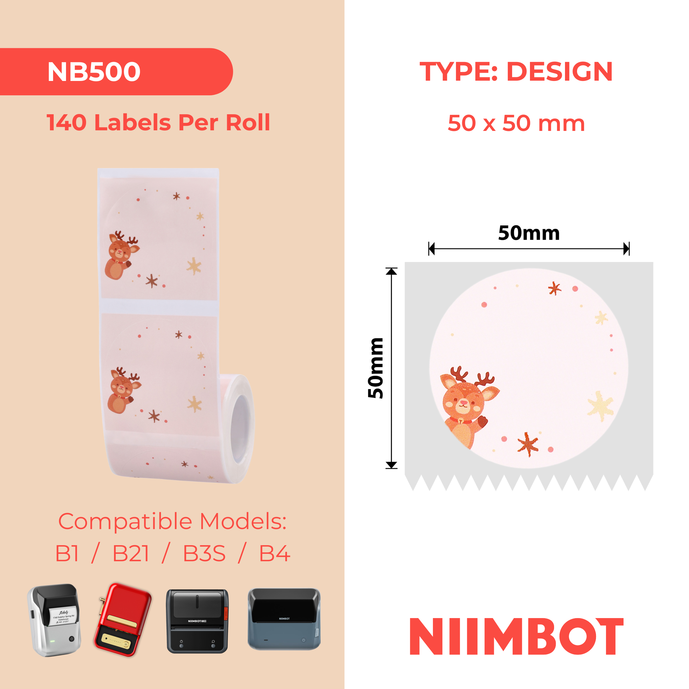 NB500 - NIIMBOT - B1 / B21 / B3S / B4 - 50X50MM - 140 ETICHETTE PER ROTOLO - ALCE DI NATALE