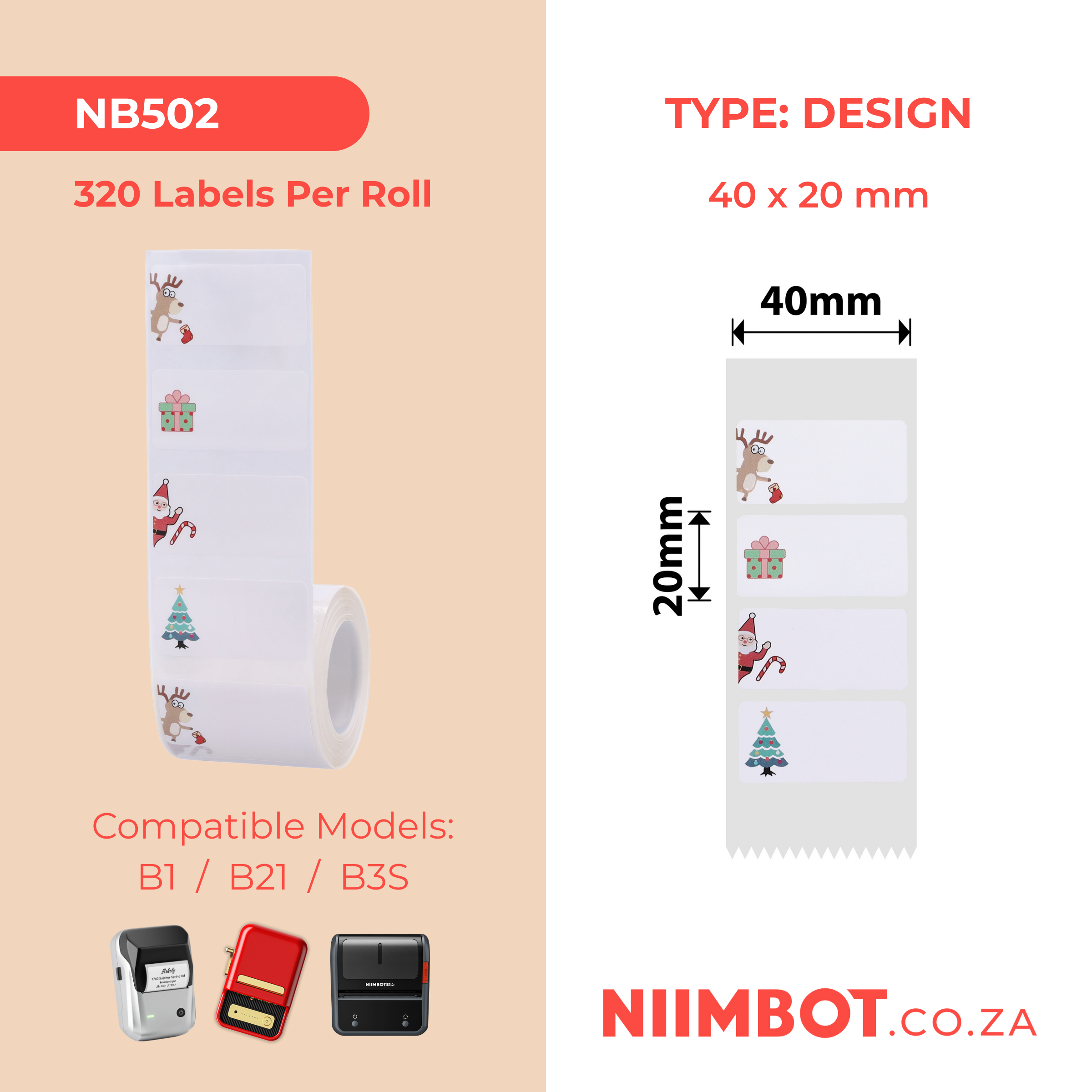 NB502 - NIIMBOT - B1 / B21 / B3S / B4 - T40X20MM - 320 ETICHETTE PER ROTOLO - NATALE 