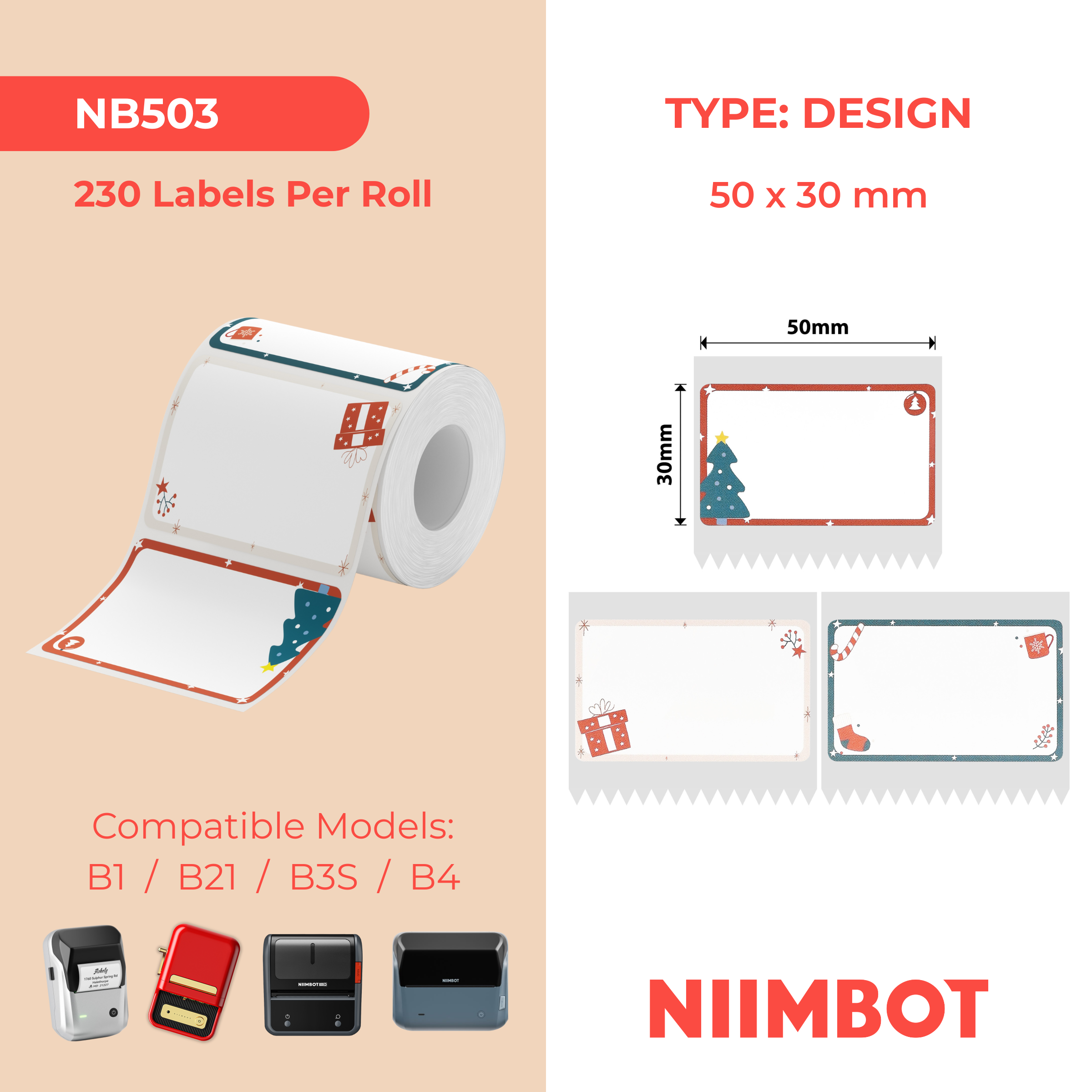 NB503 - NIIMBOT - B1 / B21 / B3S / B4 - 50X30MM - 230 CHRISTMAS HEART LABELS