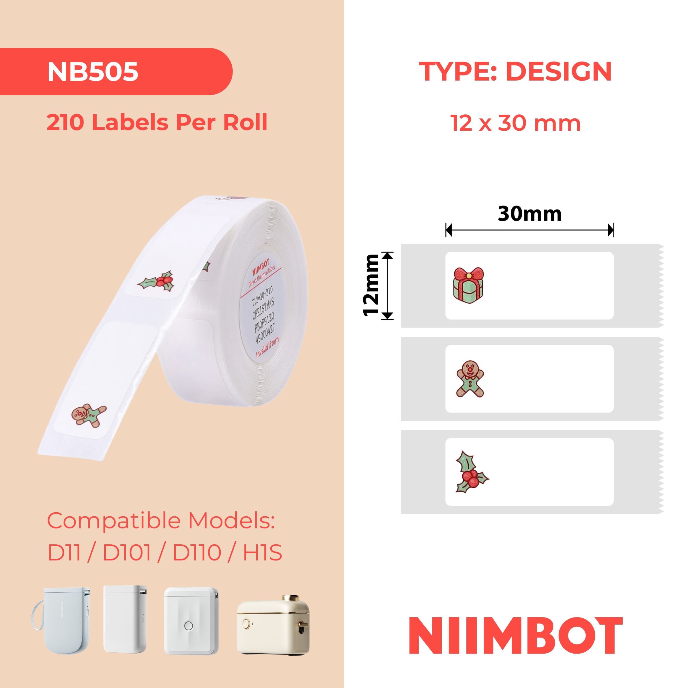 NB505 - NIIMBOT - D11 / D101 / D110 / H1S - 12X30MM - 210 CHRISTMAS LABELS