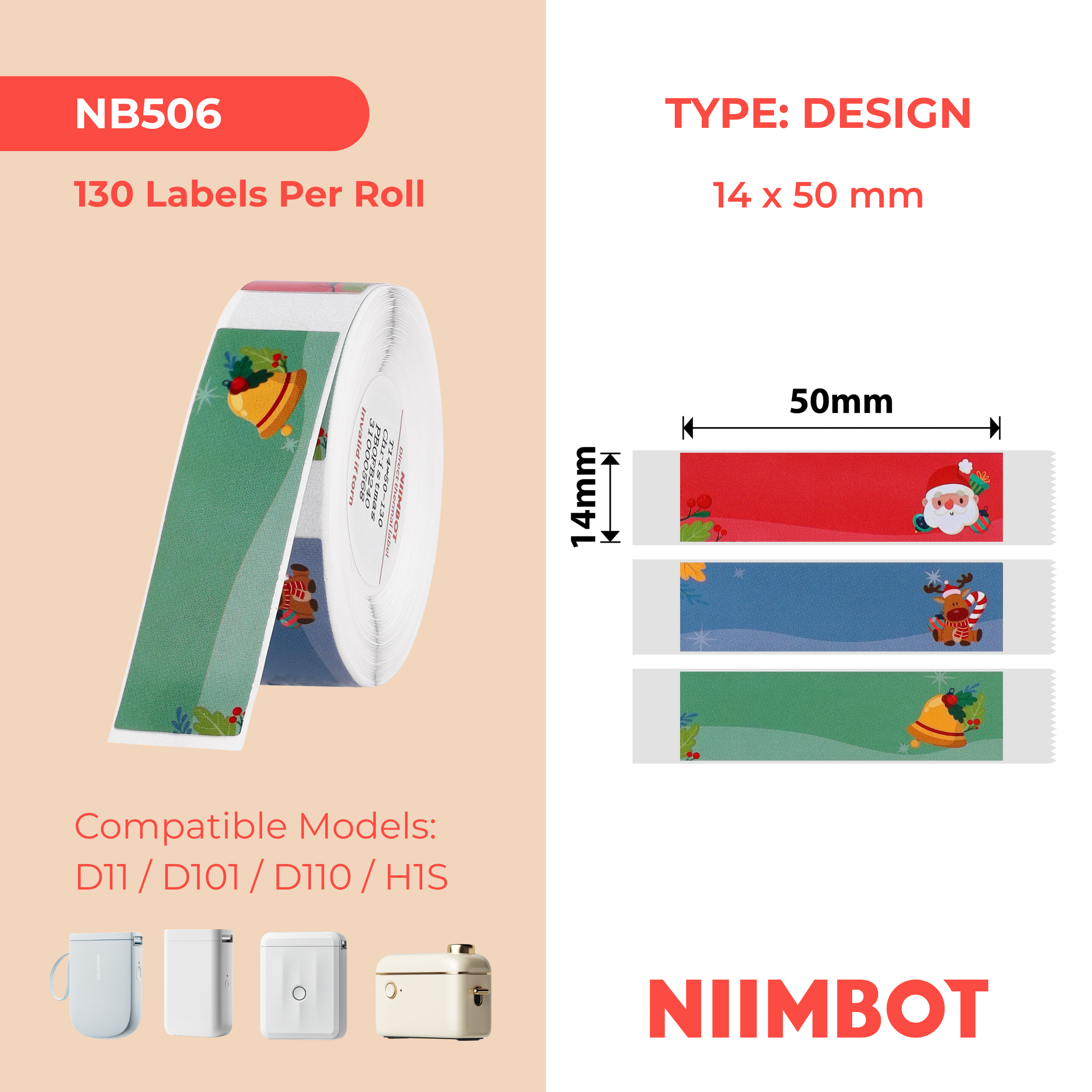 NB506 - NIIMBOT - D11 / D101 / D110 / H1S - 14X50MM - 130 CHRISTMAS LABELS