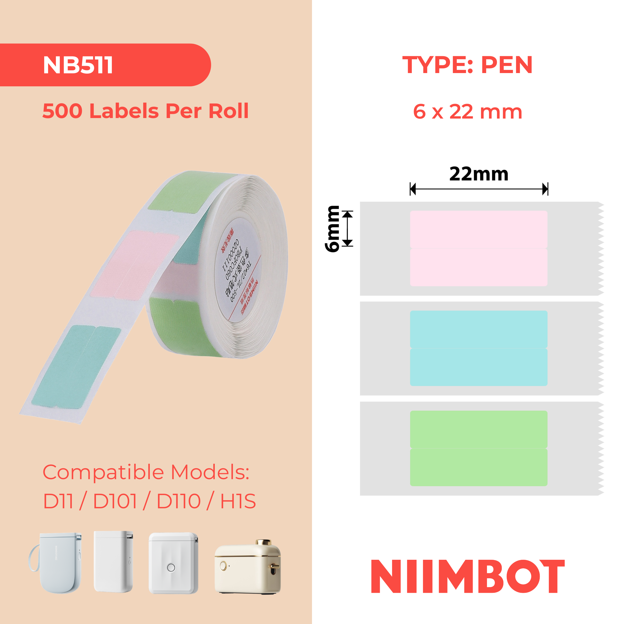 NB511 - NIIMBOT - D11 / D101 / D110 / H1S - 6X22MM/2L - 500 MULTI-COLOUR VERTICAL PEN - STATIONARY LABELS