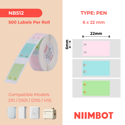 NB512 - NIIMBOT - D11 / D101 / D110 / H1S - ETICHETTE TERMICHE - T6X22MM/2L - 500 ETICHETTE PER ROTOLO - ADESIVI VERTICALI MULTICOLORE A FORMA DI ANIMALI CARINI (CANCELLA)