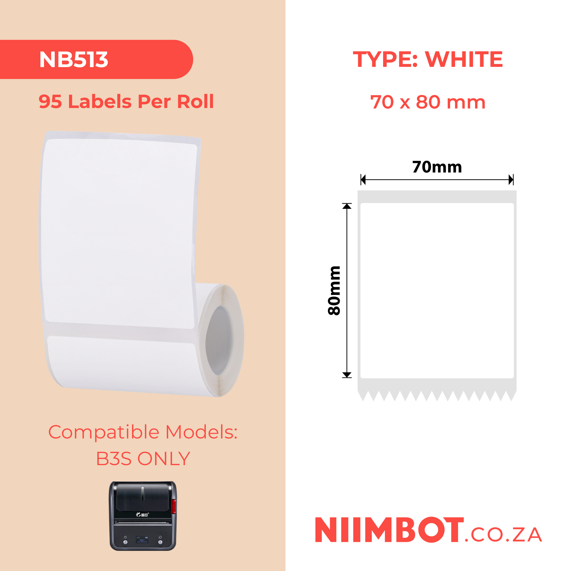 NB513 - NIIMBOT - SOLO B3S - T70X80MM - 95 ETICHETTE PER ROTOLO - BIANCO