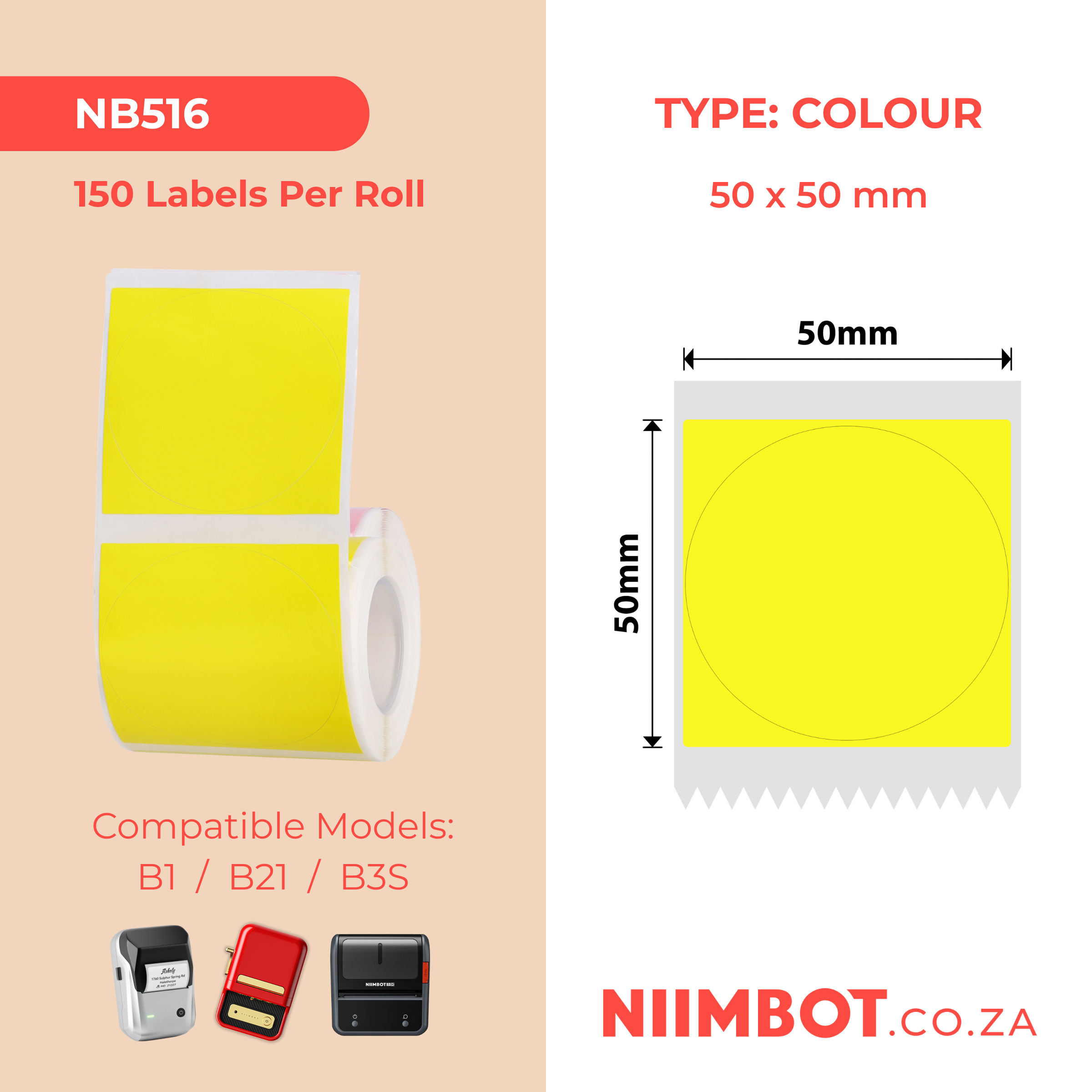 NB516 - NIIMBOT - B1 / B21 / B3S / B4 - 50X50MM - 150 YELLOW ROUND LABELS