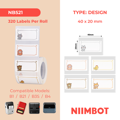 NB521 - NIIMBOT - B1 / B21 / B3S / B4 - T40X20MM - 320 ETICHETTE PER ROTOLO - MESSAGGI ANIMALI