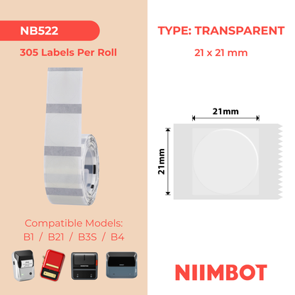 NB522 - NIIMBOT - B1 / B21 / B3S / B4 - T21X21MM - 305 ETICHETTE PER ROTOLO - ROTONDO - TRASPARENTE