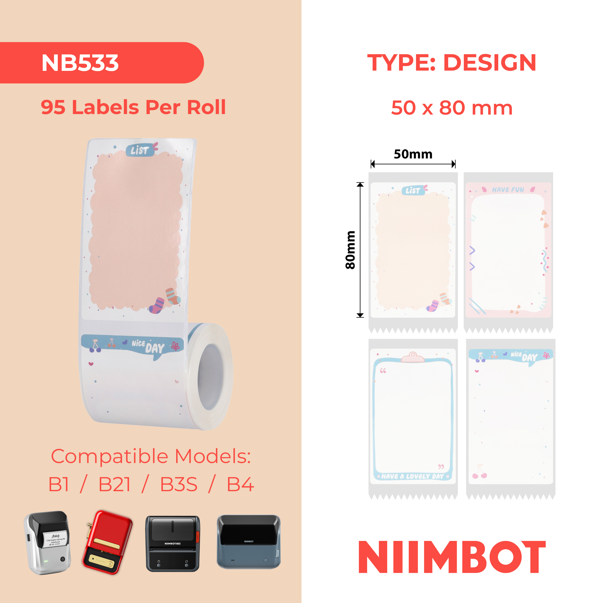 NB533 - NIIMBOT - B1 / B21 / B3S / B4 - 50X80MM - 95 CUTE MEMO LABELS