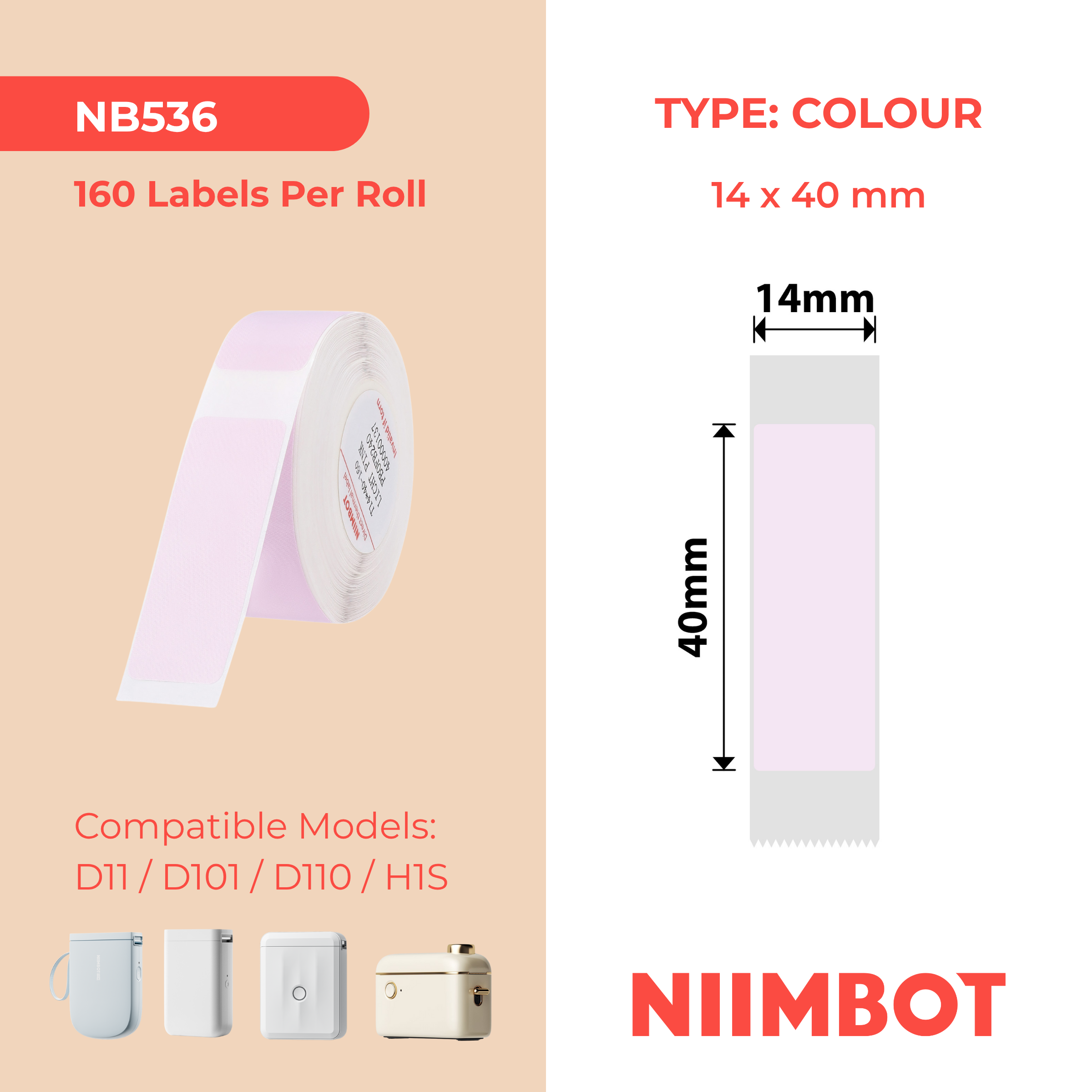NB536 - NIIMBOT - D11 / D101 / D110 / H1S - T14X40MM - 160 ETICHETTE PER ROTOLO - ROSA CHIARO