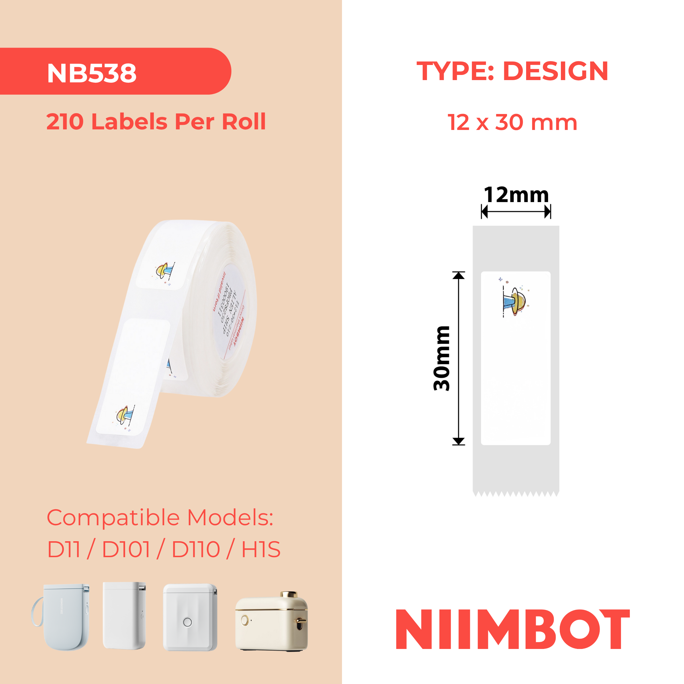 NB538 - NIIMBOT - D11 / D101 / D110 / H1S - 12X30MM - 210 ALIEN SHIP LABELS