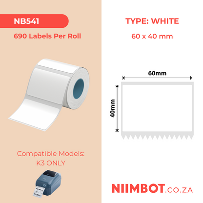 NIIMBOT - K Range - 60x40mm - White - 690 Labels