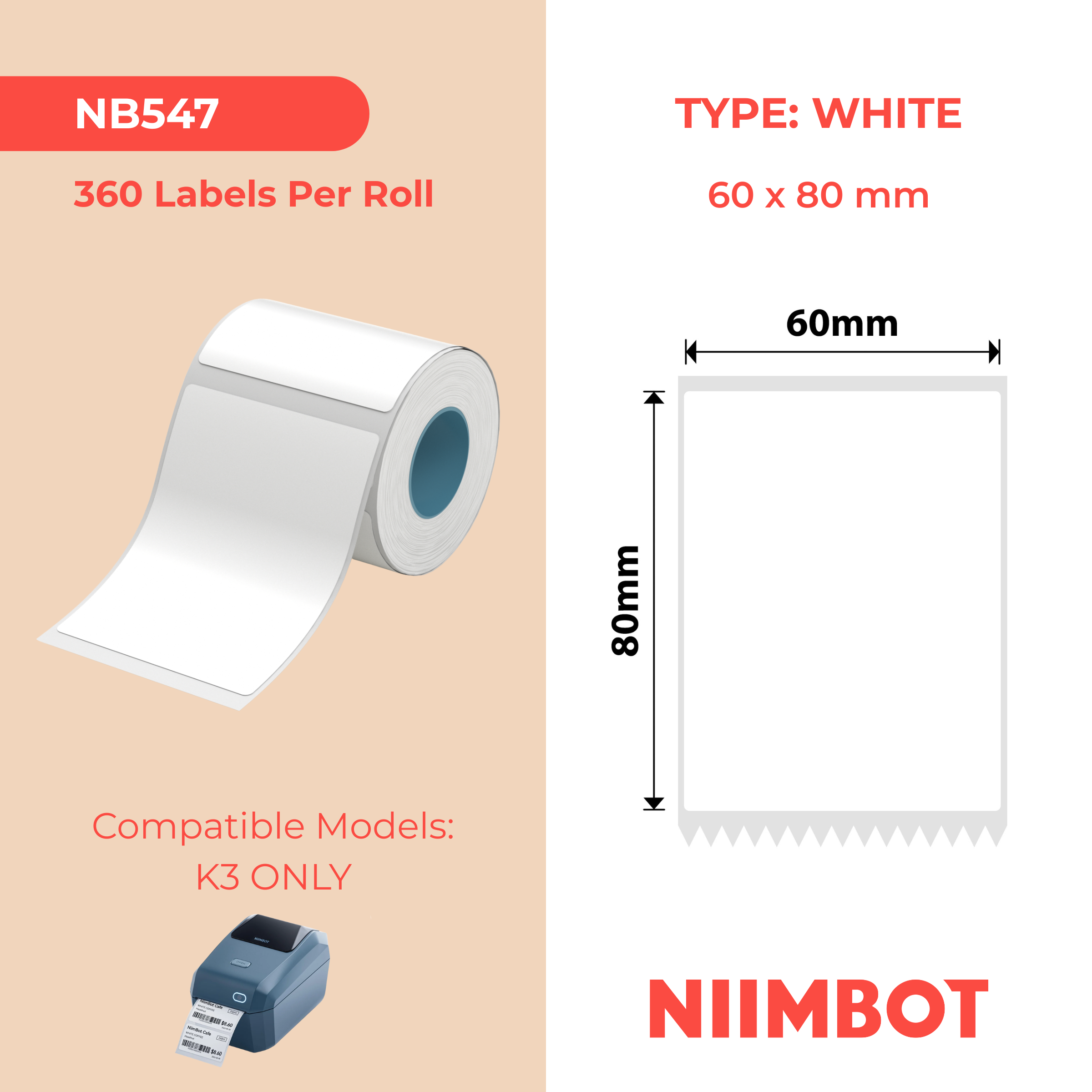 NB547 - NIIMBOT - K2 / K3 - T60X80MM - 360 ETICHETTE PER ROTOLO - BIANCO