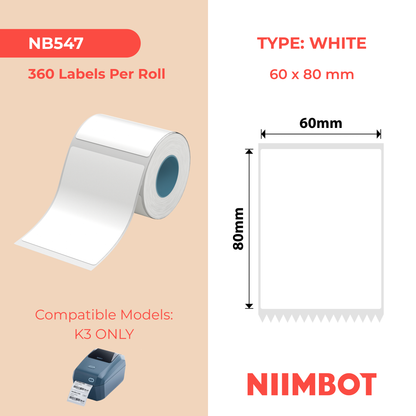 NB547 - NIIMBOT - K2 / K3 - T60X80MM - 360 ETICHETTE PER ROTOLO - BIANCO