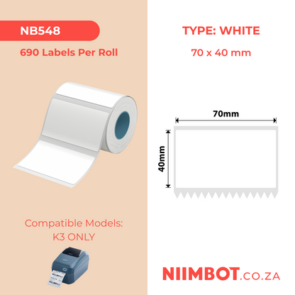 NB548 - NIIMBOT - SOLO K3 - T70X40MM - 690 ETICHETTE PER ROTOLO - BIANCO