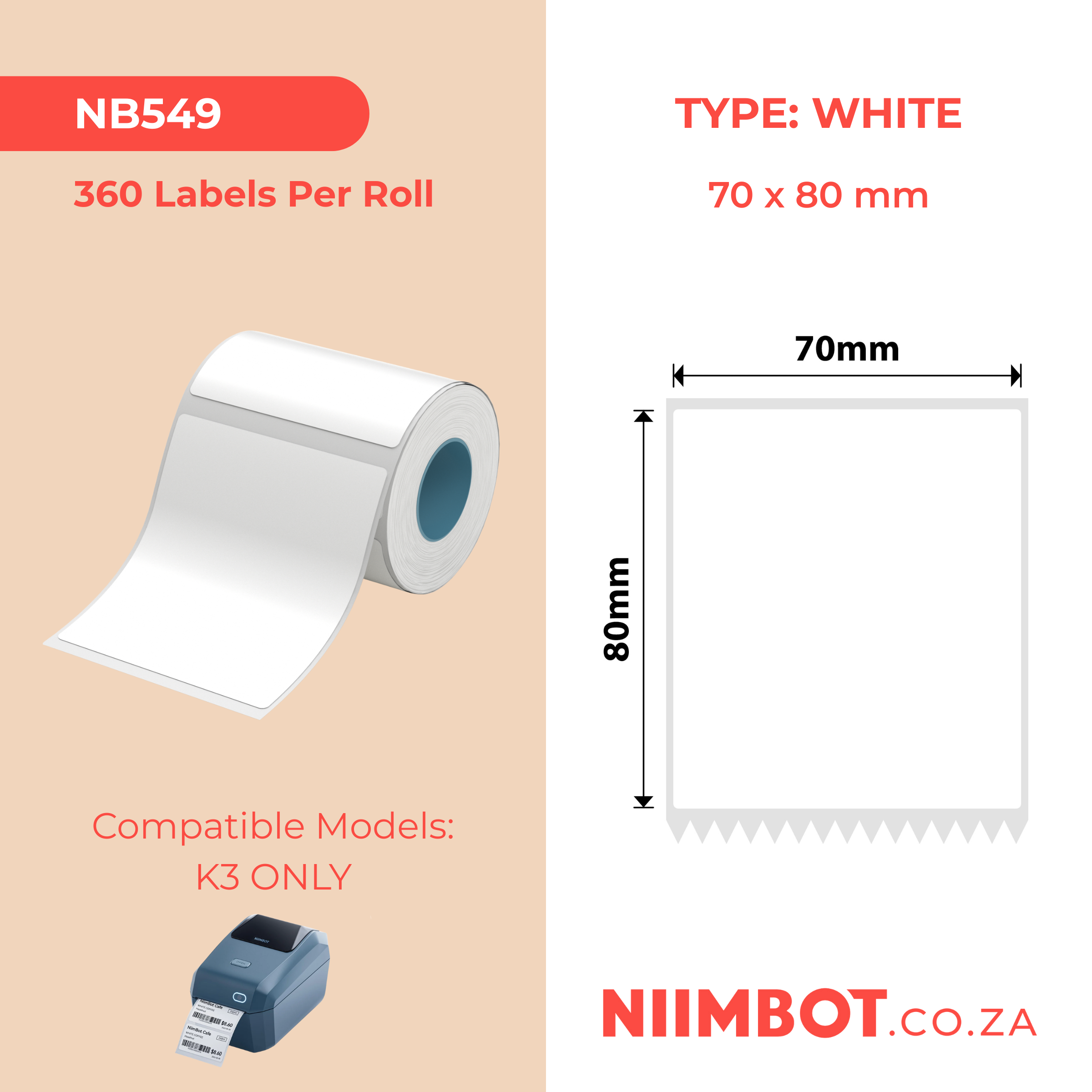 NB549 - NIIMBOT - K3 UNIQUEMENT - T70X80MM - 360 ÉTIQUETTES PAR ROULEAU - BLANCHES