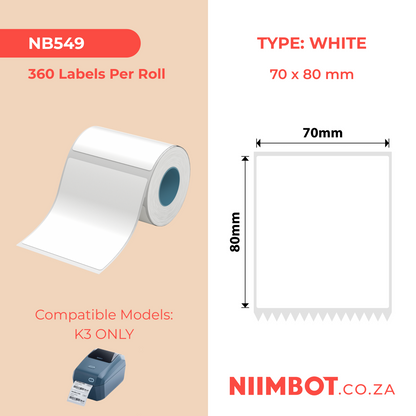 NB549 - NIIMBOT - K3 UNIQUEMENT - T70X80MM - 360 ÉTIQUETTES PAR ROULEAU - BLANCHES