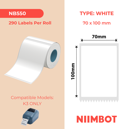 NB550 - NIIMBOT - K3 UNIQUEMENT - T70X100MM - 290 ÉTIQUETTES PAR ROULEAU - BLANCHES