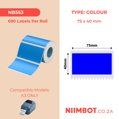NB553 - NIIMBOT - K3 UNIQUEMENT - T75X40MM - 690 ÉTIQUETTES PAR ROULEAU - BLEU
