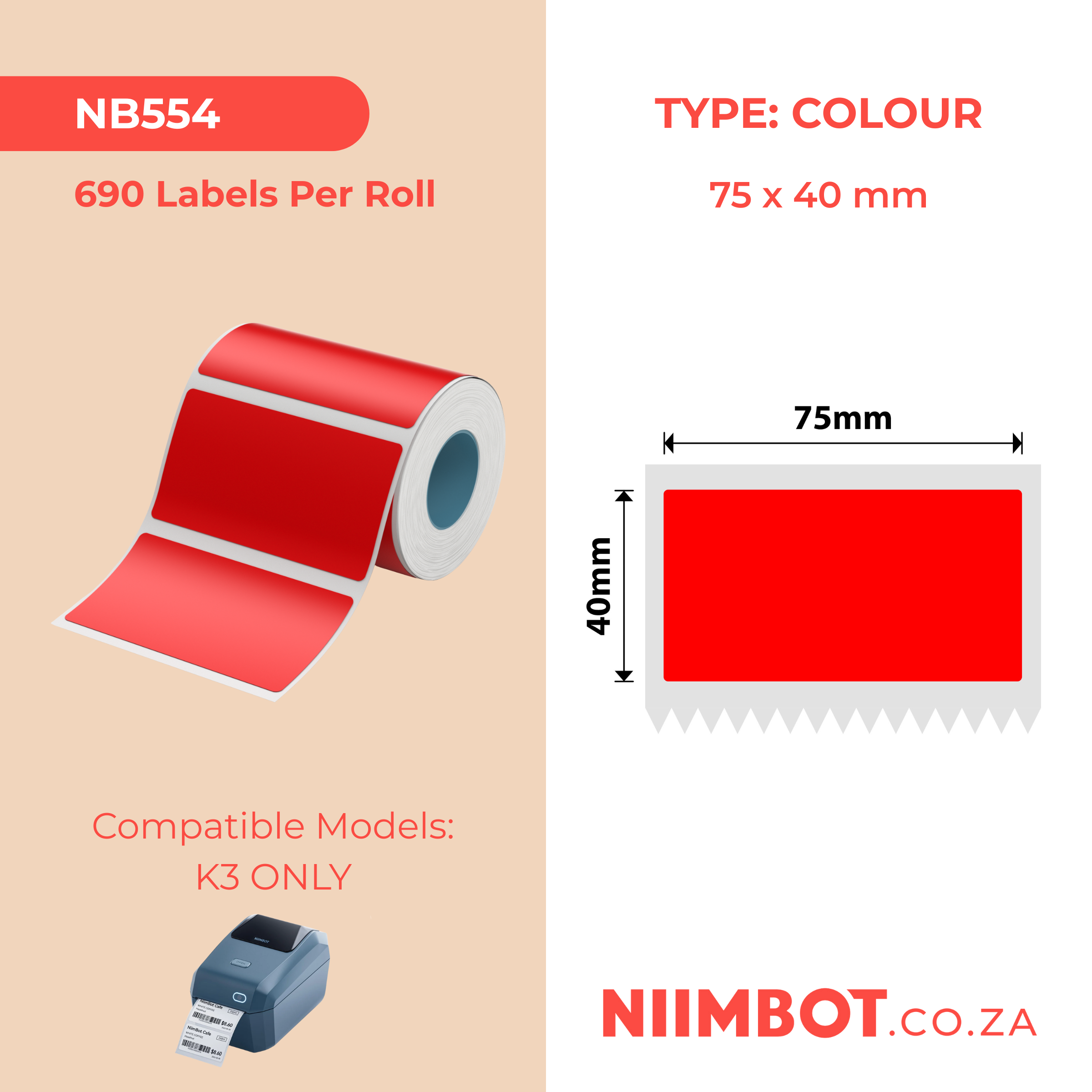 NB554 - NIIMBOT - K3 ONLY - 75X40MM - 690 RED LABELS