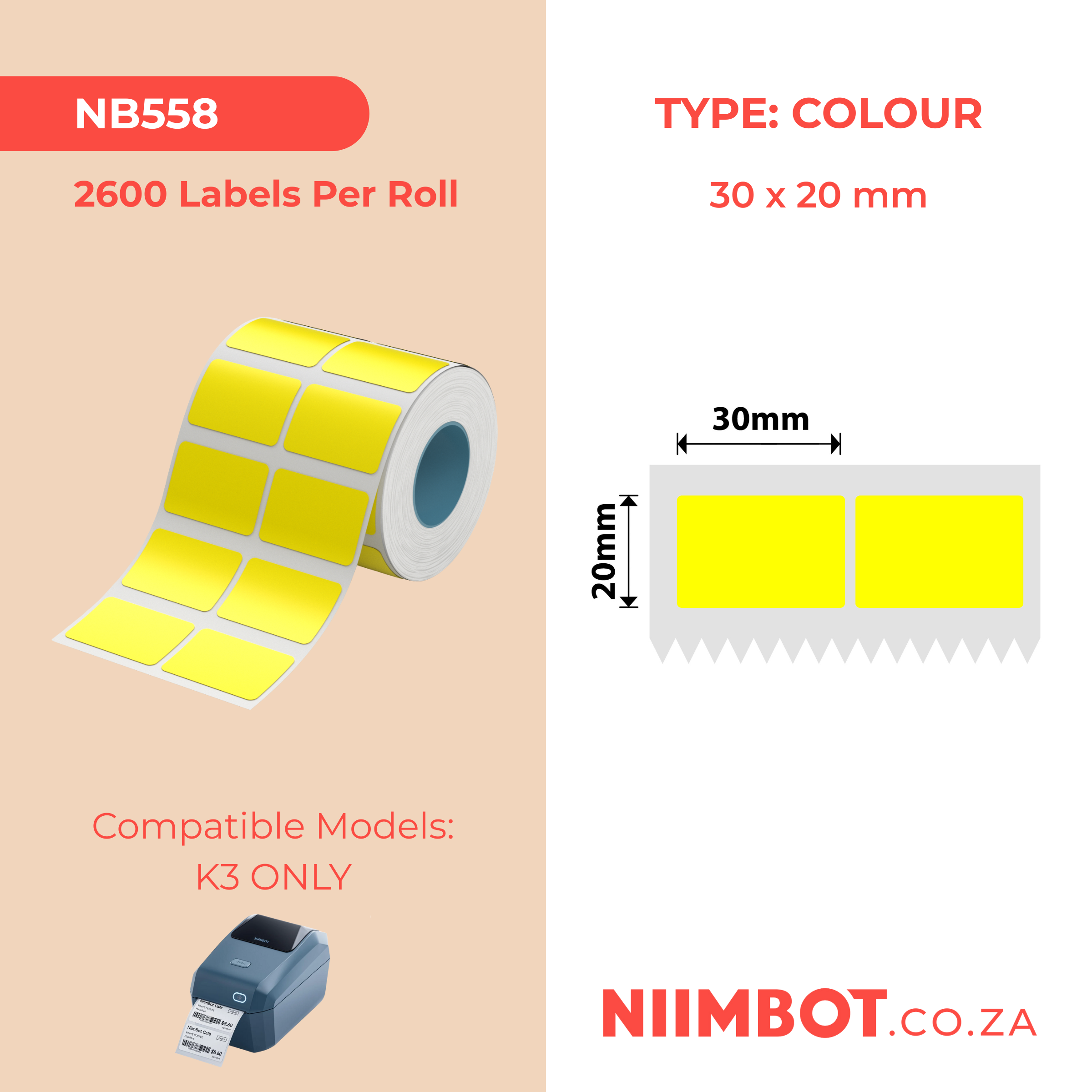 NB558 - NIIMBOT - K3 UNIQUEMENT - T30X20MM/2L - 2 600 ÉTIQUETTES PAR ROULEAU - JAUNE