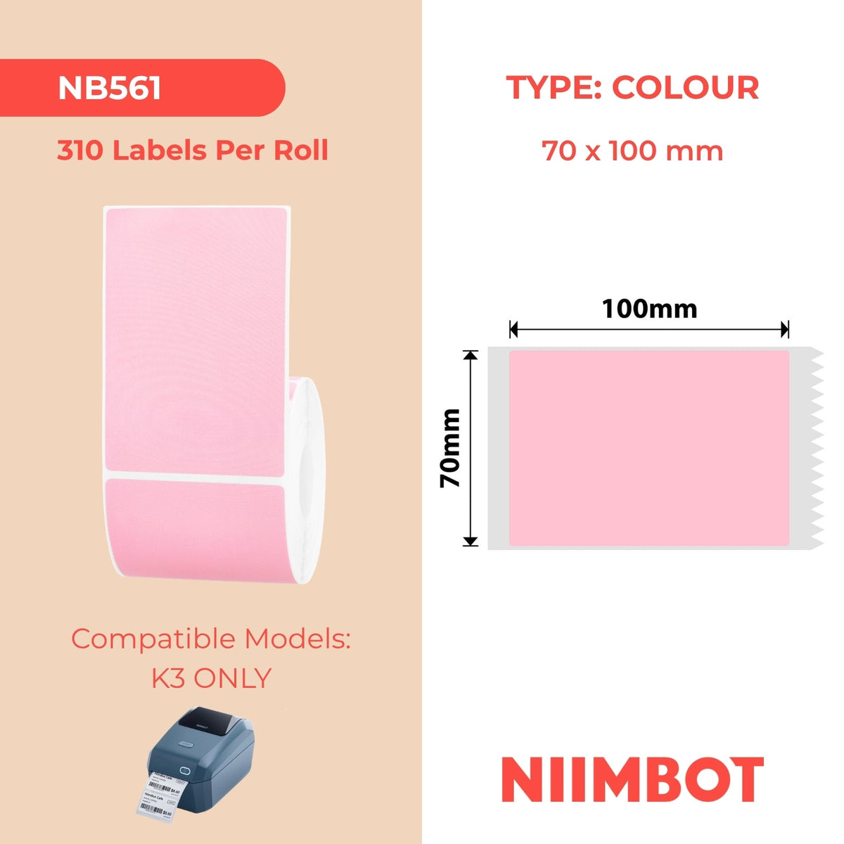 NIIMBOT - K3 Only - 70x100mm - Pink - 310 Labels