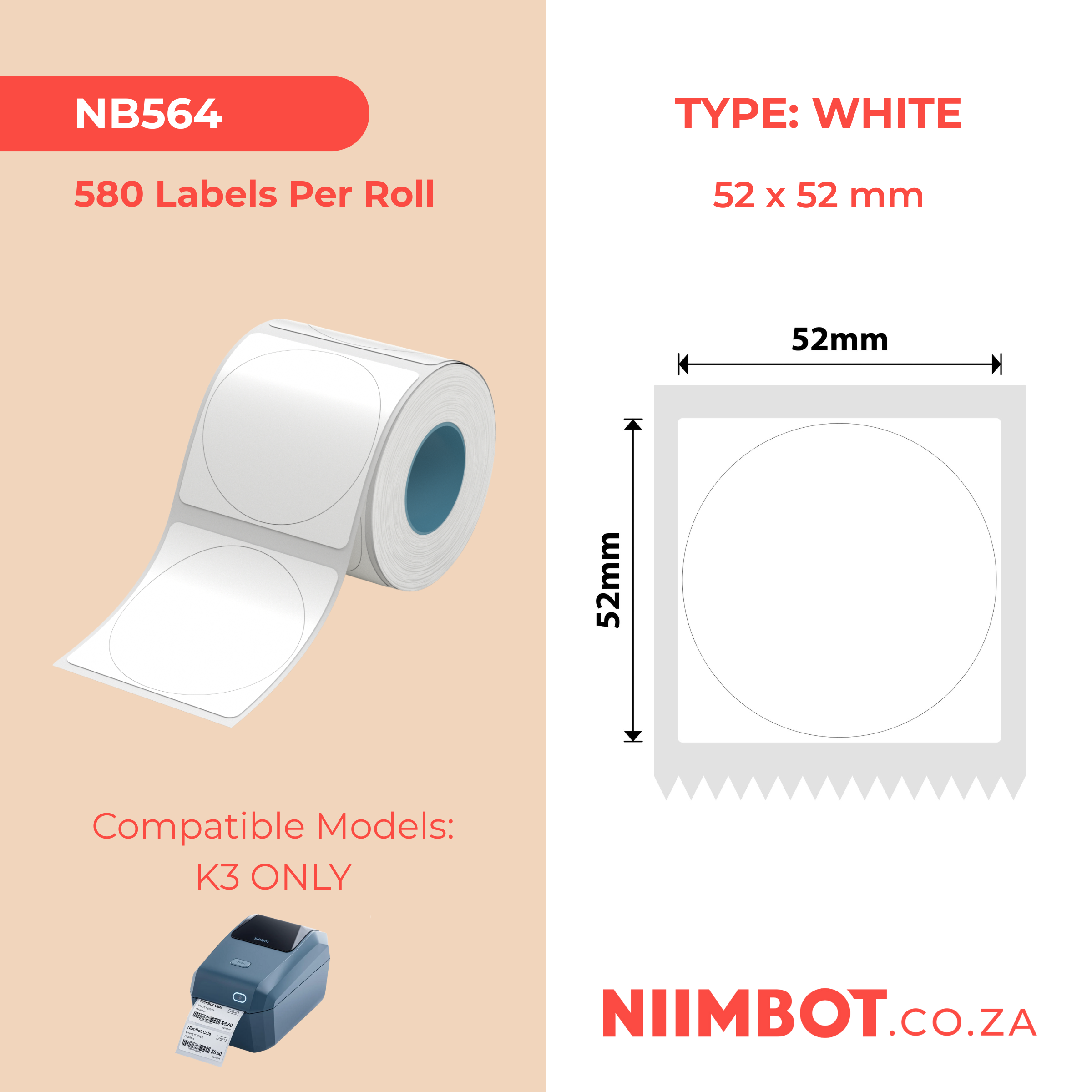 NB564 - NIIMBOT - SOLO K3 - T52X52MM - 580 ETICHETTE PER ROTOLO - BIANCO ROTONDO