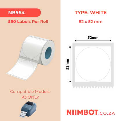 NB564 - NIIMBOT - SOLO K3 - T52X52MM - 580 ETICHETTE PER ROTOLO - BIANCO ROTONDO
