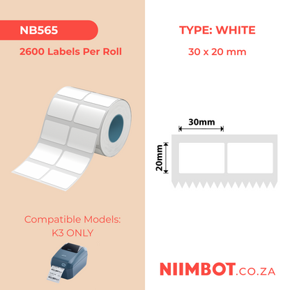 NIIMBOT - K3 Only - 30x20mm/2L - White - 2,600 Labels
