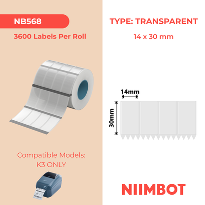 NB568 - NIIMBOT - SOLO K3 - TT14X30MM/4L - 3.600 ETICHETTE PER ROTOLO - TRASPARENTE
