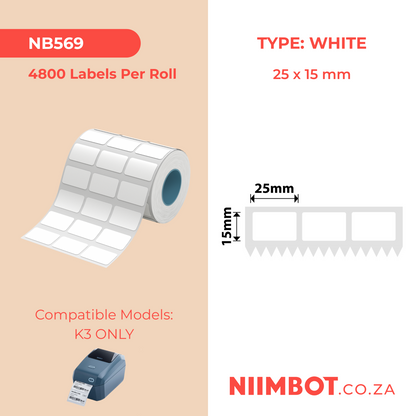 NIIMBOT - K3 Only - 25x15mm/3L - White - 4,800 Labels