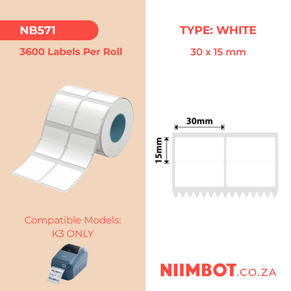 NB571 - NIIMBOT - K3 UNIQUEMENT - T30X15MM/2L2R - 3 600 ÉTIQUETTES PAR ROULEAU - BLANCHES
