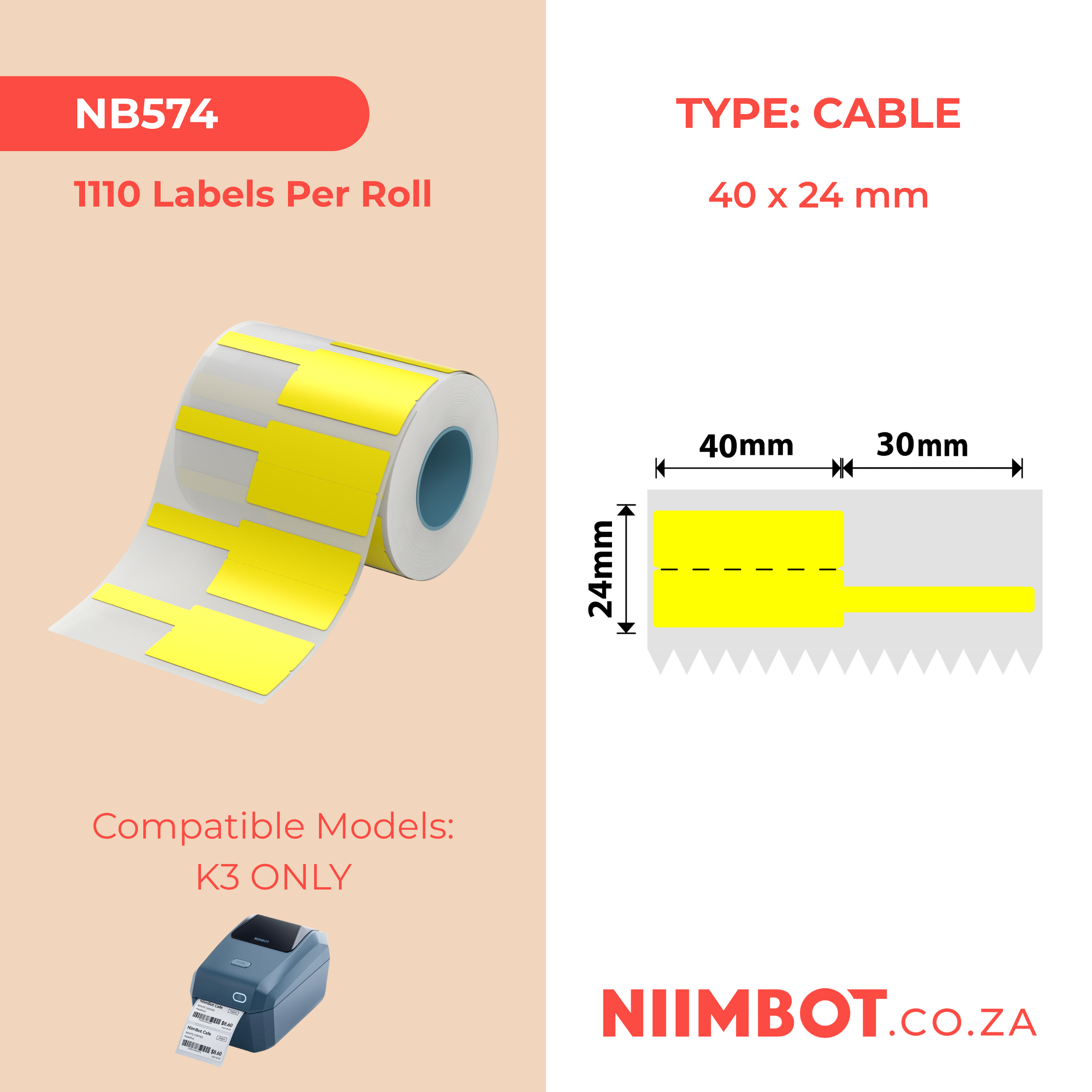 NB574 - NIIMBOT - K3 UNIQUEMENT - T40X24+30MM - 1 110 ÉTIQUETTES PAR ROULEAU - CÂBLE JAUNE